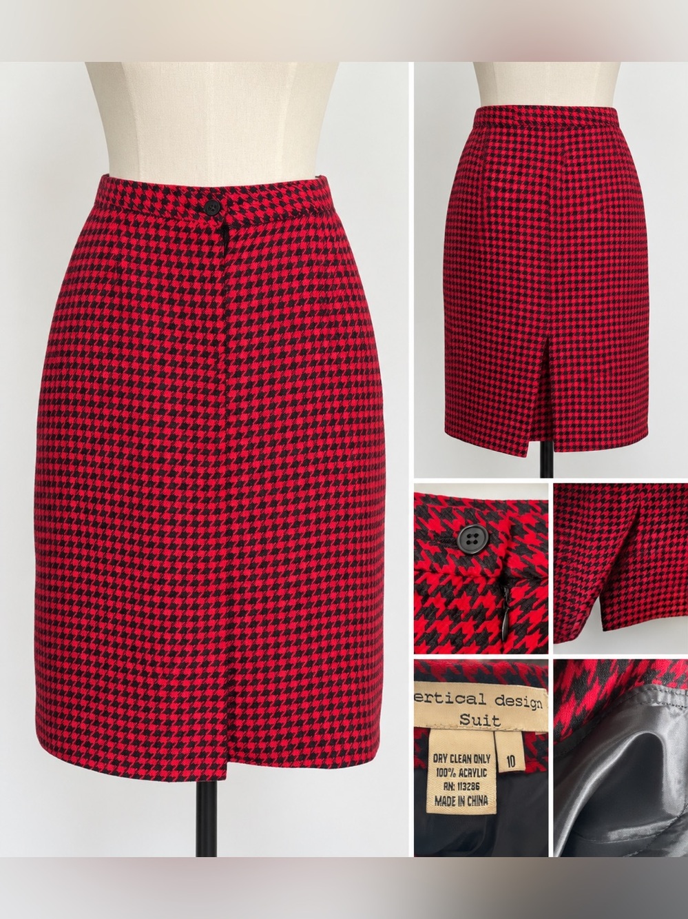 Vintage Red & Black Houndstooth Pencil Skirt